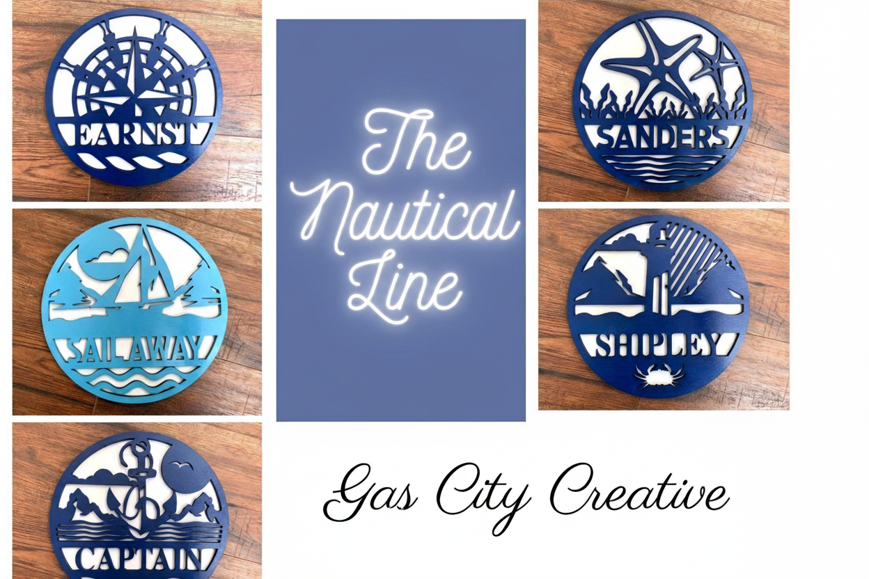 Laser cut nautical wood round sign with compass design, made in Medicine Hat Alberta by Gas City Creative