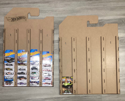 Custom laser cut Hot Wheels display rack holding 40 carded die-cast cars, made in Medicine Hat Alberta by Gas City Creative