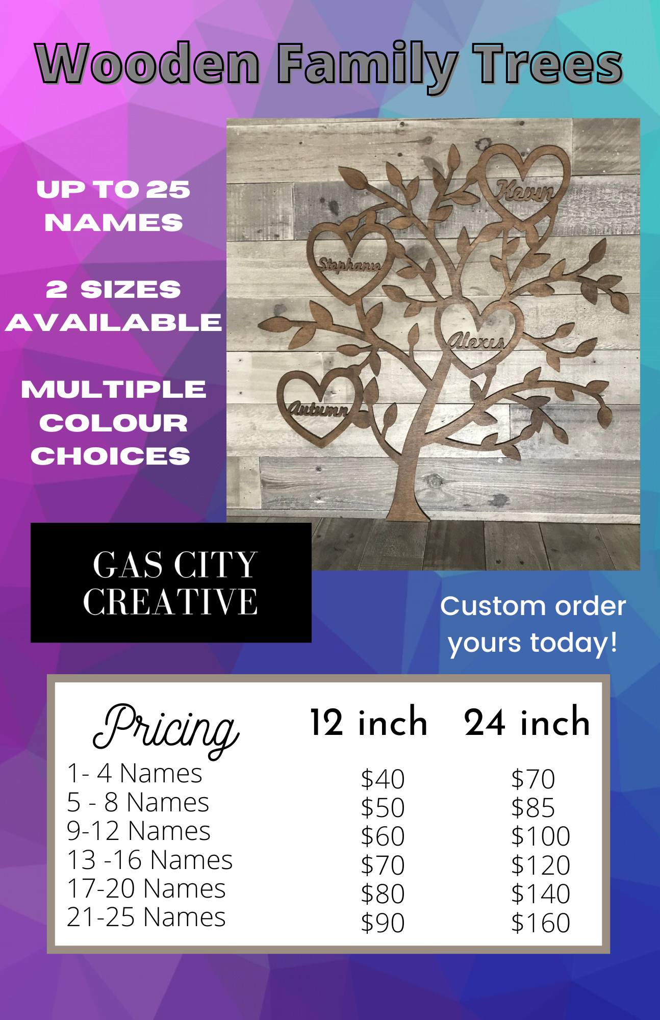 Custom Laser Engraved Family Tree Wood Sign | Up to 25 Names | Gas City Creative